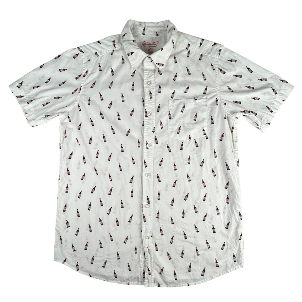 Budweiser Mens White Bottle All Over Print Short Sleeve Button Down Shirt Large